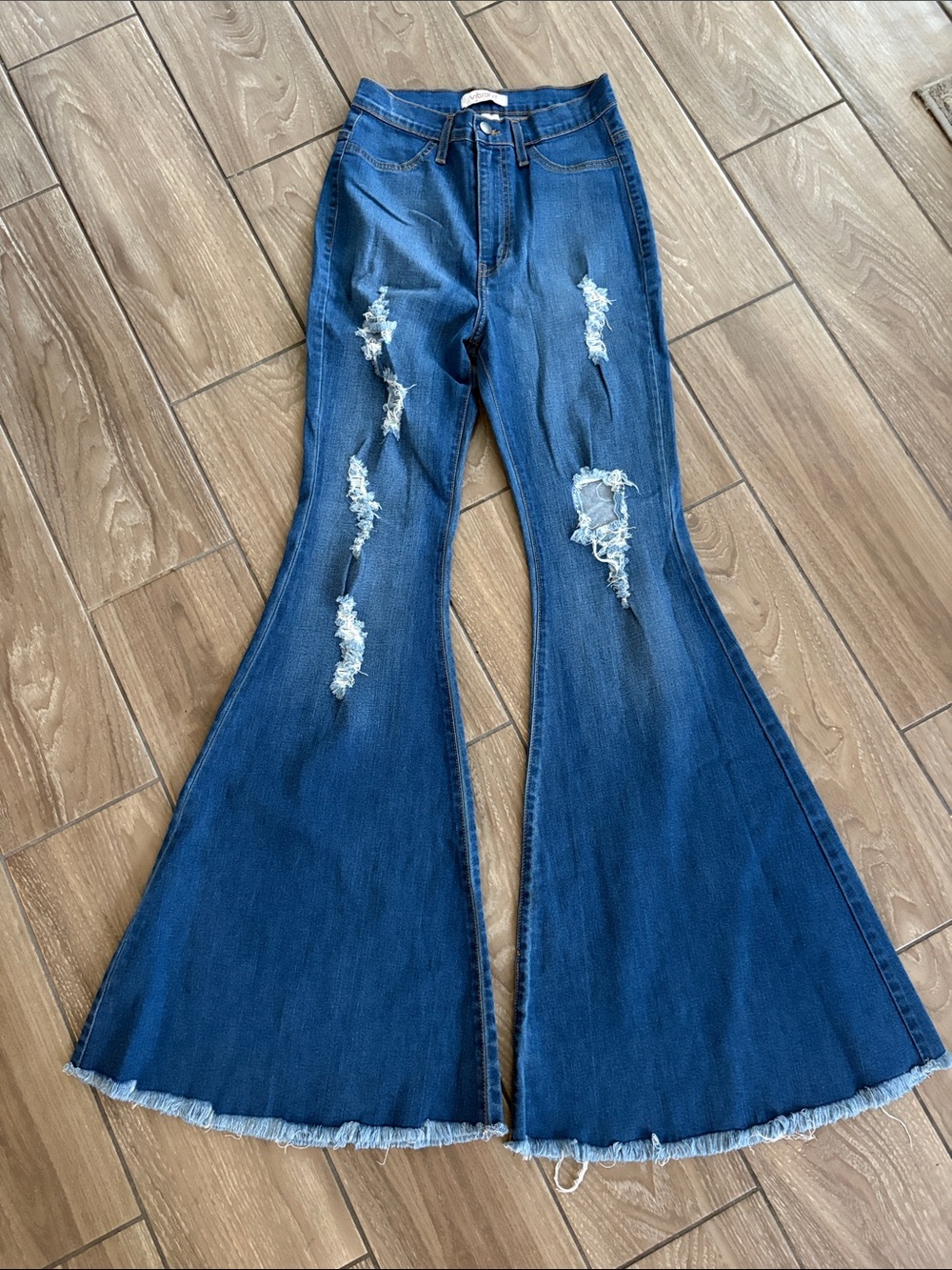 Vibrant Super Flare High Rise Bell Bottoms Blue Distressed Jeans Size 9 tall 35”